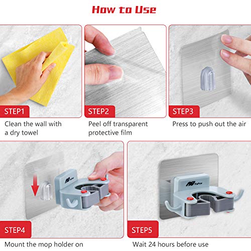 FlePow Broom Holder Wall Mount - Mop Broom Holder Gripper Self Adhesive Removable Waterproof No Drilling Garage Storage & Organization Hanger Hook for Kitchen and Bathroom, Garden, Closet (2 Pack)
