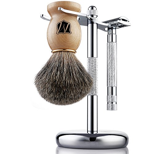 Miusco Men's Shaving Set, Safety Razor, Badger Hair Shaving Brush, Shaving Stand, Chrome