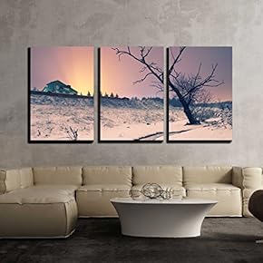 3 Piece Canvas Wall Art - Vintage Picture. Night Winter Landscape with a Lonely Tree Near Creek in Moonlight - Modern Home Art Stretched and Framed Ready to Hang - 16"x24"x3 Panels