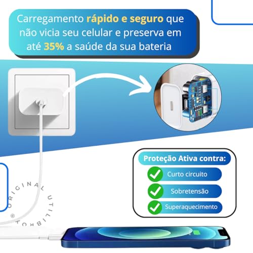 UTBRX Carregador 25w Turbo Compativel c/I.Phone 8 X Xr 11 12 13 14 Pro Max Fonte USB C Homologado Cor Branca Premium