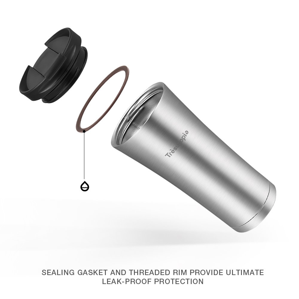 Travel Mug Leak Proof, Trèsutopia Hekla Double Wall Insulated Stainless Steel Travel Mug Keep Drinks Hot or Cold with Leak-Proof PP Lid, 14 oz, One-hand Operation