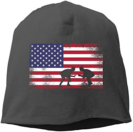 American Flag Wrestling Wrestling Gift Unisex Warm Winter Hat Knit Skull Beanie Slouchy Beanie Hat/Cap Black