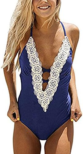 ROVLET Womens Sexy Vintage Deep V Neck Lace One Piece Bikini Sets Fashion Beach Swimsuit Monokini Swimwear Bathing Suits (Large, Royal Blue)