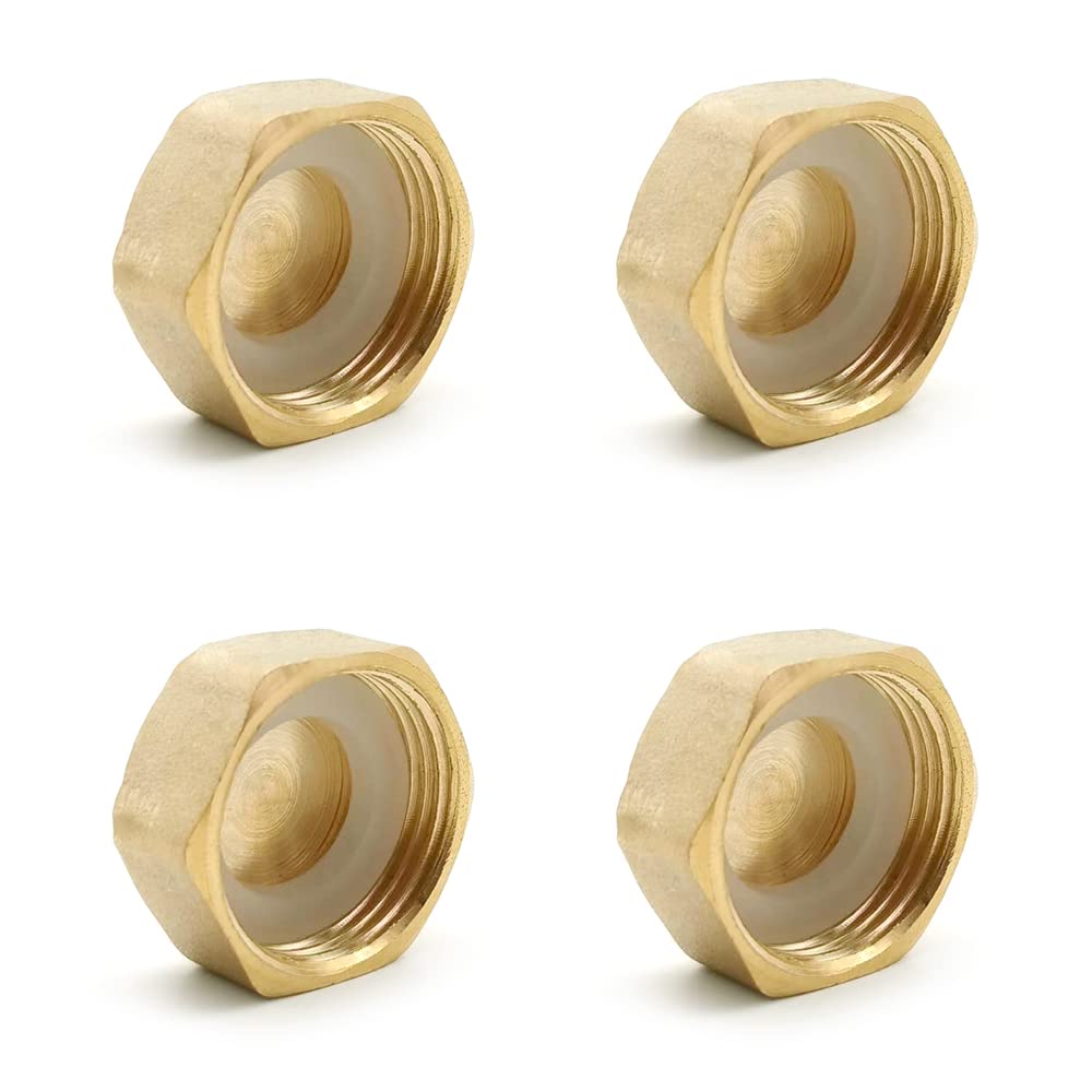 KtbeYTi 4 Pcs Hose Caps Hexagonal 1/2 inch Brass Fitting Pipe Cap, Brass Threaded Cap with Hose Washers Pack of 4, for Valve Dishwasher or Radiator Valve etc