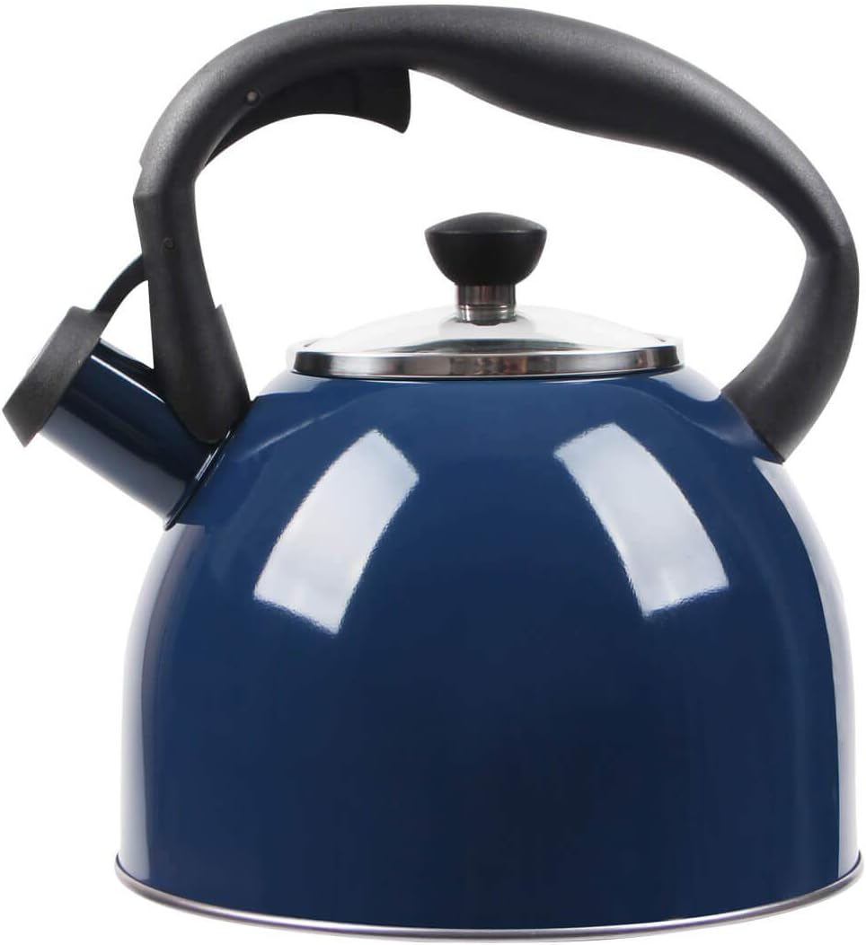 Rorence Stainless Steel 2.5 Quart Capsule Bottom Whistling Stovetop Tea Kettle with Heat-resistant Glass Lid - Navy Blue