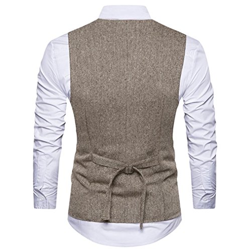 Nevera Handsome Men Formal Jacket Tweed Check Double Breasted Waistcoat Retro Slim Fit Suit (M, Khaki)