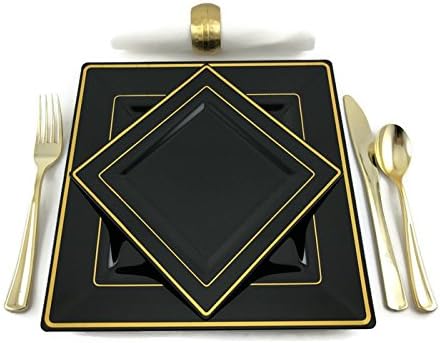 Square Black Disposable/Reusable Plastic Plates With Gold Rim 30 Pack-15-9.5 Inch Dinner + 15-6.5 Inch Dessert/Salad for Wedding Anniversary Christening all Events and Parties (30, Black)