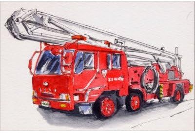 Amazon はしご車消防車水彩画のポストカード 絵葉書 はがきby Chihiro Tanaka Shobo Jva 360 ポストカード 絵柄付はがき 文房具 オフィス用品