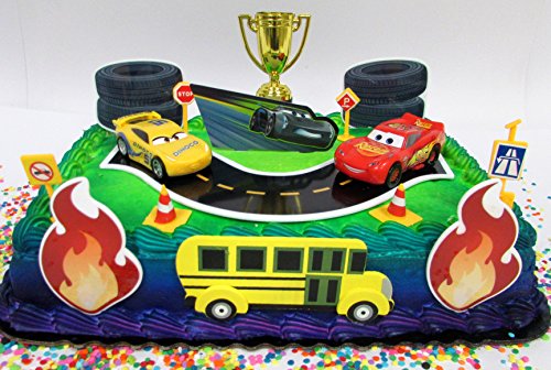 Cars 3 Birthday Cake Topper Set Featuring Lightning McQueen and Cruz Ramirez Figures with Decorative Themed Accessories