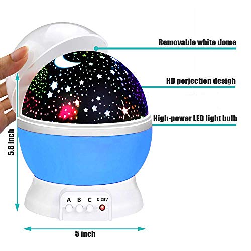 Baby Night Light Moon Star Projector 360 Degree Rotation, 4 LED Bulbs 8 Color Changing with USB Cable/Batteries Powered, Unique Gifts Kids, Romantic Bedroom Décor (Blue, 4.7) - Thumbnail 2