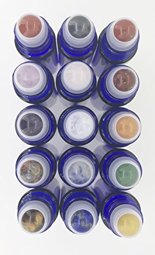 Got Oil Supplies 15 Gemstone Roller Bottles for Essential Oils - Chakra Set - Amethyst, Sodalite, Lapis Lazuli, Green Aventurine, Tigers Eye, Carnelian, Red Jasper & Clear Quartz (Blue)