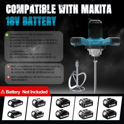 Cement Mixer Compatible with Makita 18V Battery, 3200W Portable Paint Mortar Mixer with 6 Speed, Max 680 RPM, Electric Concrete Stirrer for Mixing Fodder Mortar Paint Glue Putty (No Battery)