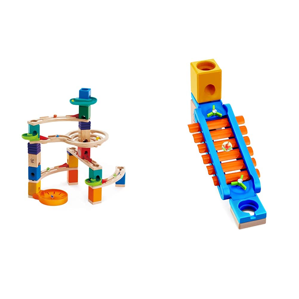 Hape E6020 Quadrilla Cliff-Hanger, Wooden Marble Run - 94 pieces, Educational Construction Toys for 4 + & E6022 Quadrilla Sonic Playground, Wooden Marble Run Accessories - Toys for 4 +