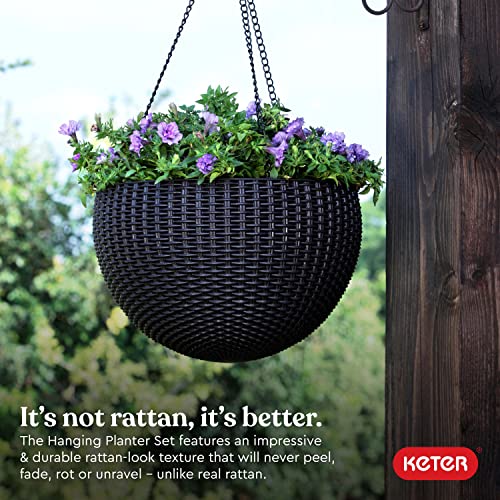 Keter Resin Rattan Set of 2 Round Hanging Planter Baskets for Indoor