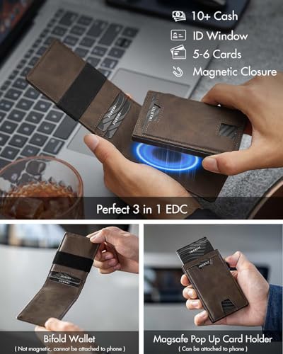 3-in-1 Magnetic Magsafe Wallet for Men, Pop Up Bifold Wallet, RFID Blocking Minimalist Front Pocket Card Holder, Holds 6-7 Cards & Cash, Ultra Slim, Ideal Gift for Men (Brown)