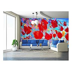 Abstract Red Flowers Painting on Canvas with Acrylic Colours.I Paint This Picture in 2010. - Removable Wall Mural | Self-Adhesive Large Wallpaper - 66x96 inches