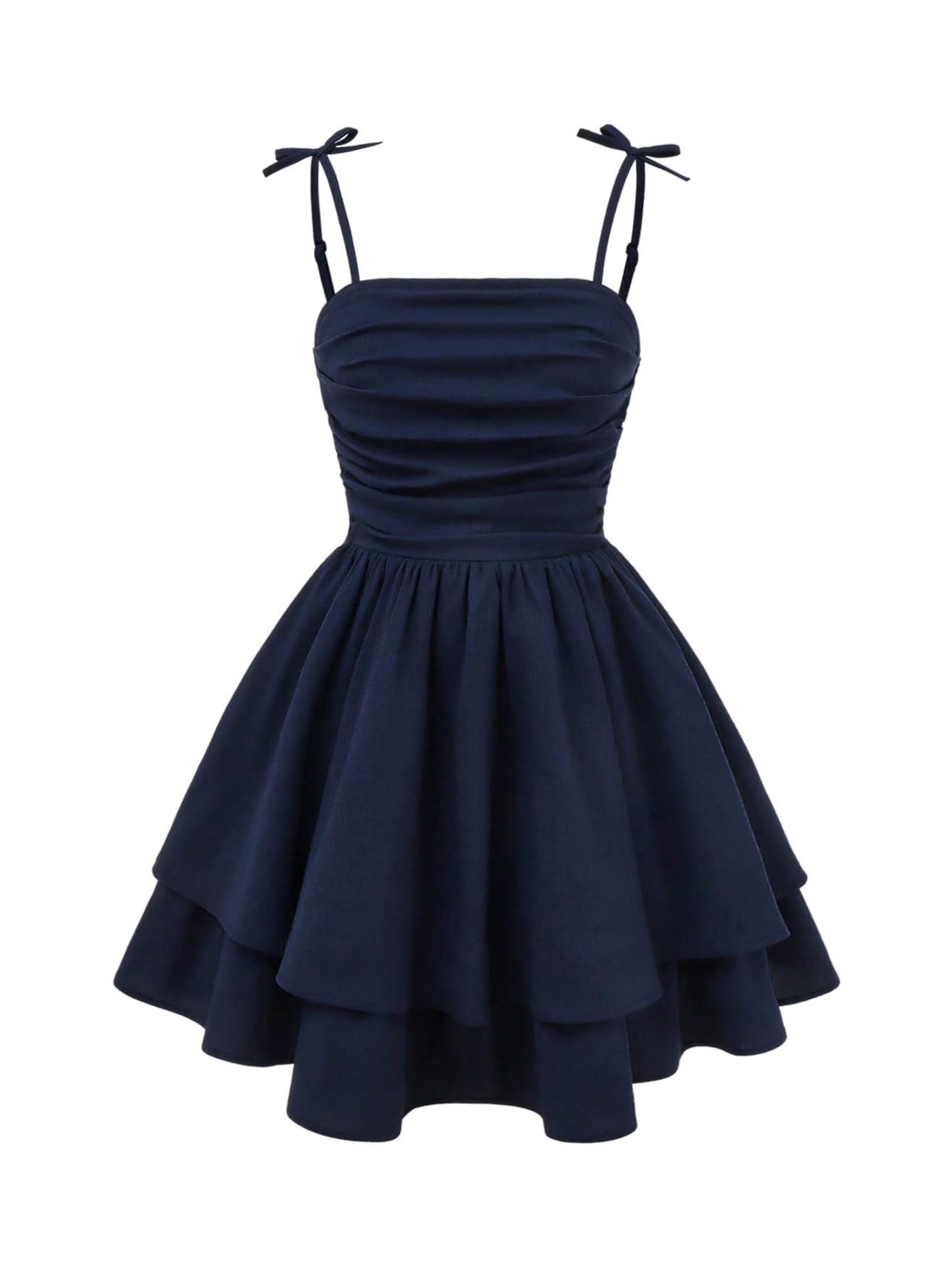 SHENHE Girl's Smocked Ruched A Line Swing Dress Layered Tie Shoulder Flowy Cami Short Dress Dark Blue 16 Years Image