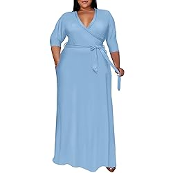 Runwind Plus Size Dress for Women 3/4 Sleeve V Neck