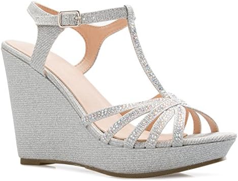 OLIVIA K Women's Open Toe Glitter Shimmer T-strap Cage Platform Wedge Sandal