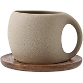 Tvvtuww 6 Oz Coffee Cup Mug Espresso Cups Set, Ceramic Cup with Natural Acacia Wood Saucer for Espresso, Latte, Cappuccino Coffee, Tea, Unglazed Porcelain Arty Mug (Natural Earthiness Finish)