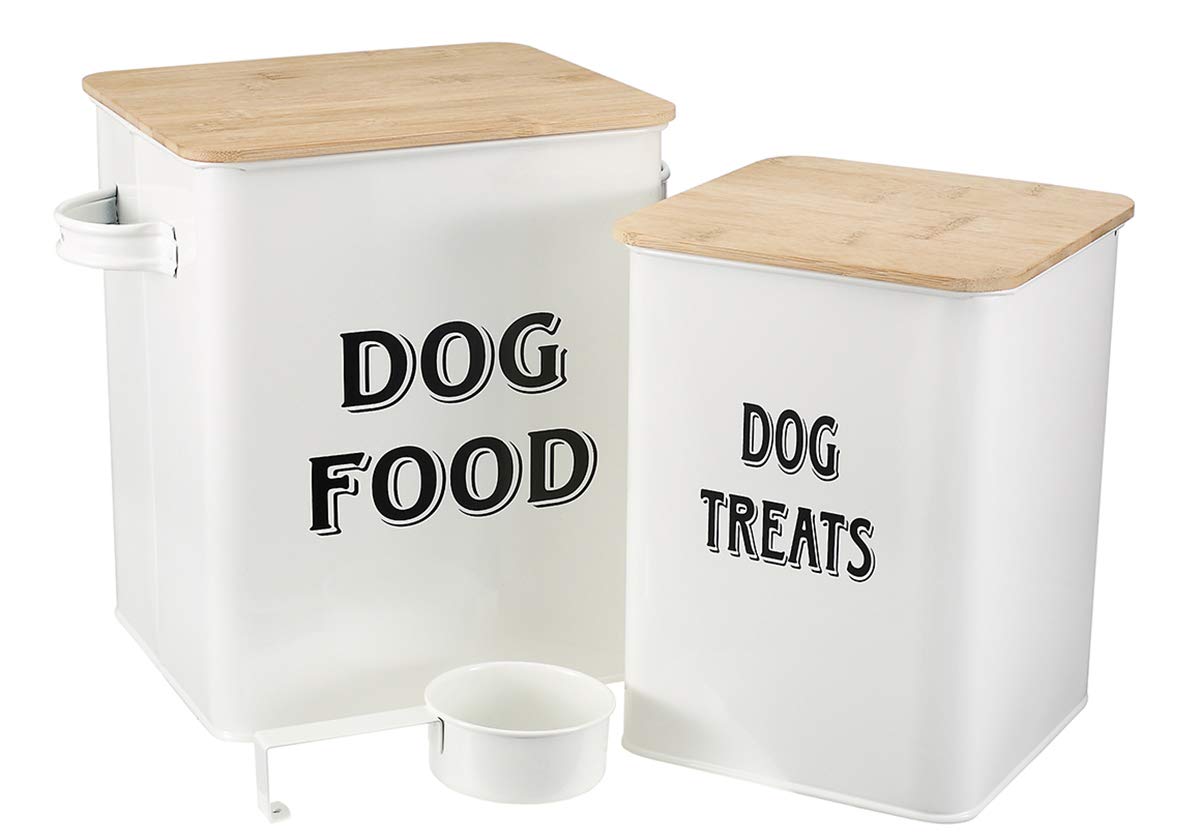 Dog Food and Treats Containers Set with Scoop for Dogs -Tight Fitting Wood Lids - Coated Carbon Steel - Storage Canister Tins-White