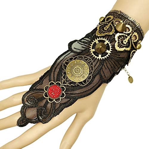 MEiySH Gothic Lolita Retro Steampunk Gear Lace Slave Bracelet Wristband Black Flower Ring