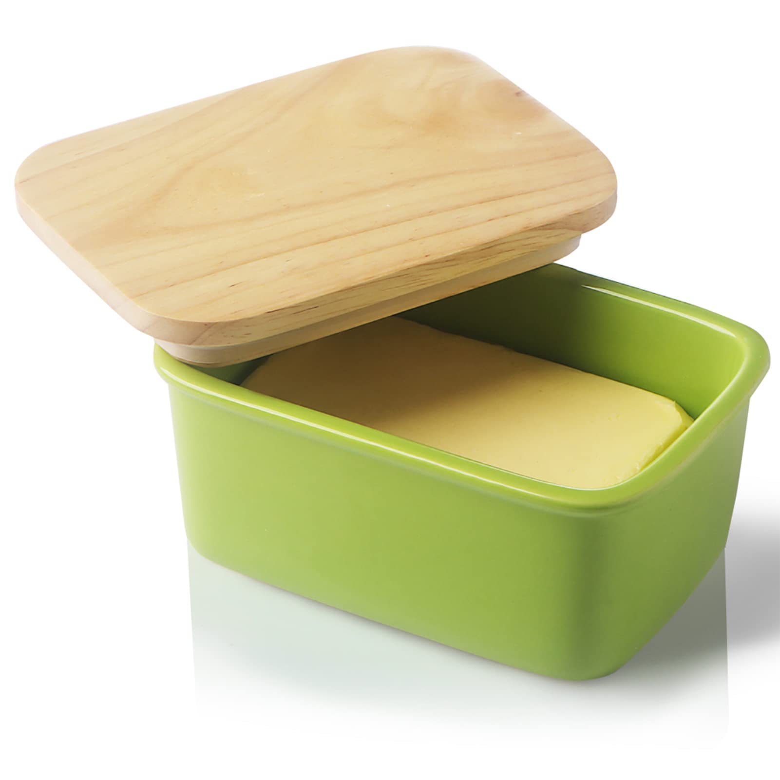 Sweejar Home Porcelain Butter Dish with Lid, Airtight Large Butter Keeper with Wooden Lid, Butter Container Perfect for 2 Sticks of Butter West or East Coast Butter (Green)