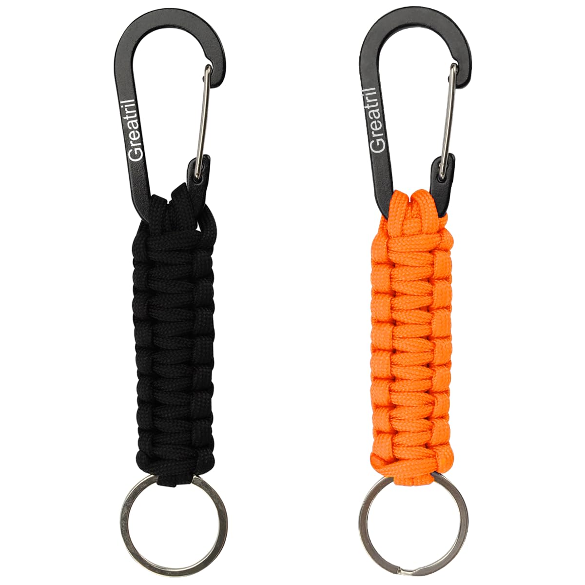 Keychain Keyring with Carabiner - GREATRIL Paracord Key Chain Hanger Carabiners Clips for Outdoor Boys/Girls/Men/Women (Black+Orange)