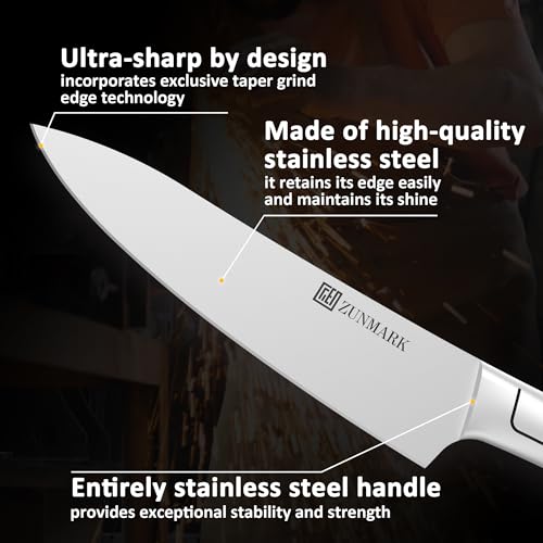 ZUNMARK Kitchen Knife Set, Professional 13 Piece Knife Set with Block and Sharpener, Sharp Chef Knife Set, Ideal for Home and Restaurants, Silver