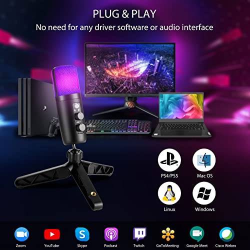 Micrófono Condensador USB+Tipo C, Micrófono de Computadora RGB con Filtro Pop y Trípode Adecuado para Windows, Mac OS, Linux, PC, Micrófono Multifuncional para Podcasts, Videoblog, Gaming, Streaming