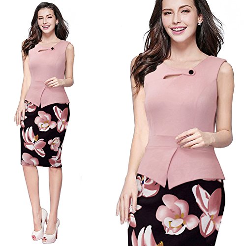 ผู้หญิงs Floral Patchwork Peplum Sleeveless Summer Office Work Dress เดรส แฟชั่นชุดทำงาน Merope J
