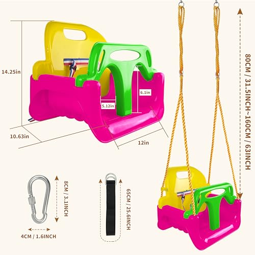 KINSPORY 3 in 1 Toddler Swing, Adjustable Baby Seat, Garden Swing for Kids, Indoor Outdoor (Dark Pink)