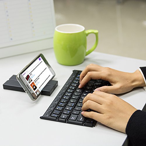 Click Here to See More Images Folding Bluetooth Keyboard Wireless Mini Keyboard with Stand Portable Rechargeable for IOS Android Windows Black by FREESOO