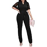 Oxgmoky Women's Jumpsuits Elegant Business V Neck Zipper Long Sleeve Sexy Strap Straight Long Pants Rompers With Pockets
