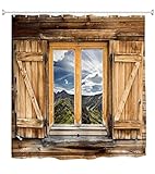 Goodbath Farmhouse Shower Curtain, Old Wooden Barn Door Window Pattern with Mountain Hill Sky Nature View, Waterproof Fabric 3D Bath Shower Curtains, 72 x 72 Inch, Old Wood