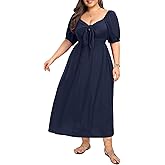 Pinup Fashion Women 2024 Plus Size Summer Casual Maxi Dress Tie Front Short Sleeve Beach Long Dresses