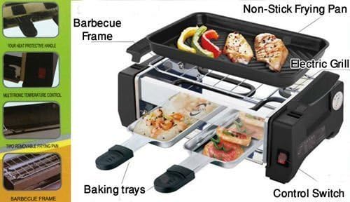 SOCHEP 1000W Electric Barbecue Grill and Tandoor with Frying & Roasting Function (285x110x180 MM)