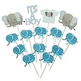 Shxstore Gray and Blue Elephant Cake Cupcake Topper Picks For It's A Boy Baby Shower Birthday Themed Party Decorations Supplies