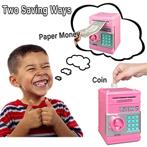 Honeystar Electronic Piggy Banks for Boys, Real Money Savings Box Toys for Children ATM Cash Coin Bank for Child Best Birthday Gifts for Kid 8-12 Year Old (A-Pink)