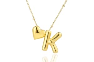 CCINPPY Heart Letter Necklace, 14k Gold Plated Initial Dainty Necklace for Women, Chunky Bubble Balloon Charm Pendant Name Personalized Jewelry Gift