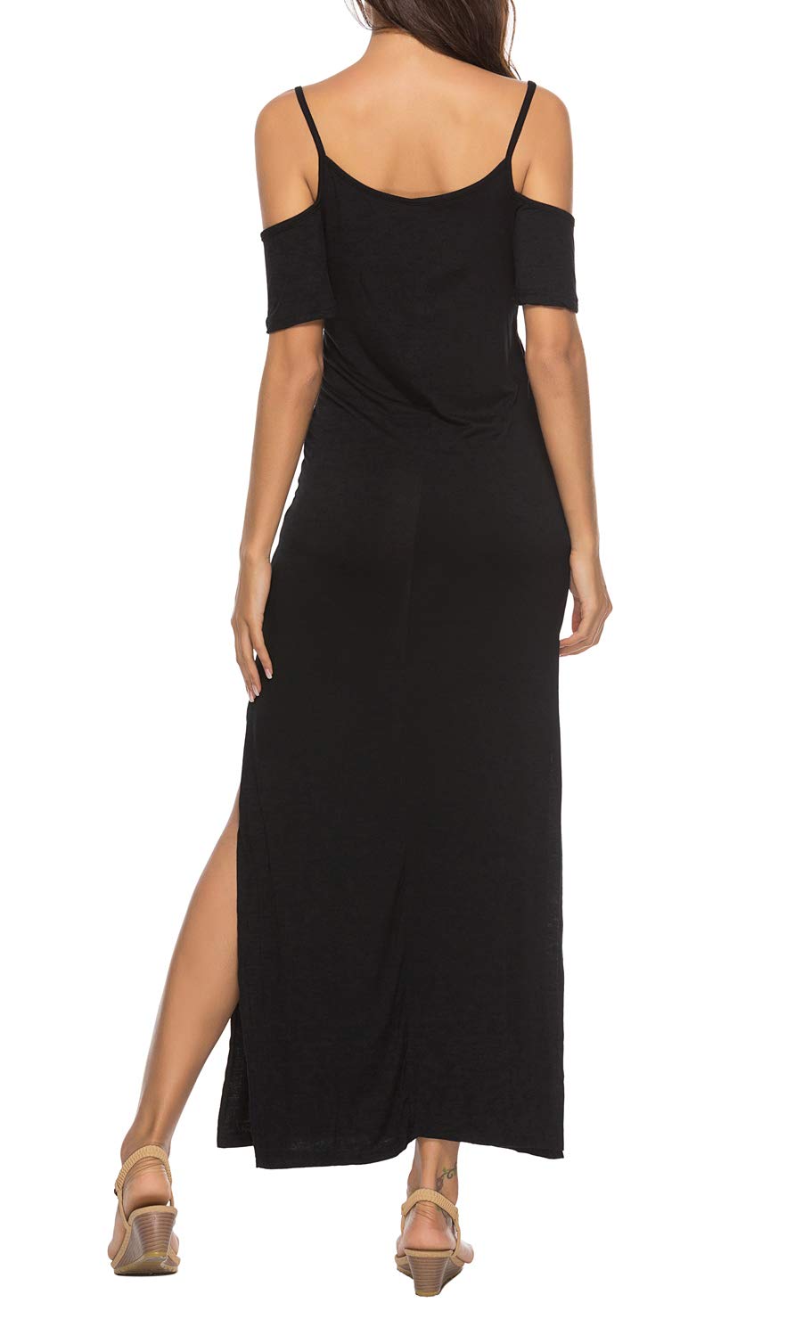 Women\'s Casual Loose Long Dress Short Sleeve Spaghetti Strap Cold Shoulder Split Maxi Dresses with Pocket Black M