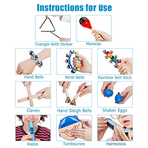 ShinePick Toddler Educational Musical Instruments Toys Set for Kids 15Pcs Wooden Percussion Instruments Tambourine Maracas Harmonica for Boys & Girls Preschool Education with Carry Bag
