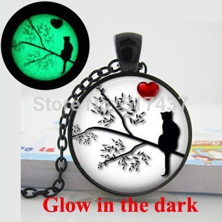 Pretty Lee Glow In The Dark Cat Silhouette In Tree Heart Silhouette Valentine Gift Cat Necklace Art Photo Glass Glowing Necklace Pendant