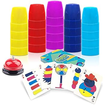 Gamie Stacking Cups Game - with 54 Challenges, 20 Stacking Cups, Bell and Instruction Sheet - Educational Color and Shape Matching Game - Classic Quick Stacks Set for Boys, Girls, Teens, Adults