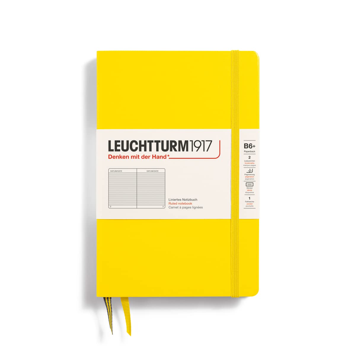 LEUCHTTURM1917 368501 Notebook Paperback (B6+), Hardcover, 219 Numbered Pages, Lemon, Ruled