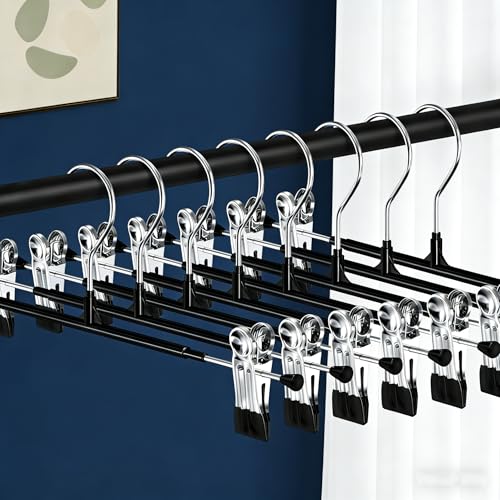 10Pack Trouser Hangers -Skirt Hangers with Adjustable Non Slip Clips Strong Chrome- Space Saving Pant Hangers,Heavy Duty Metal Hangers for Shorts Jeans Trousers Clothes Hangers (Black)