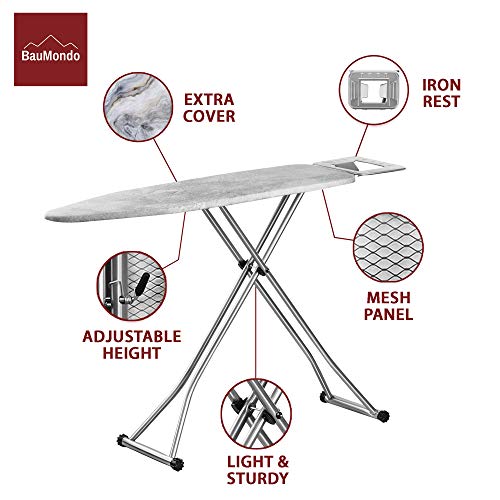 BAUMONDO Ironing Board, Adjustable Height, 4-Leg, 43.3''x13'' Board with Ironing Rest