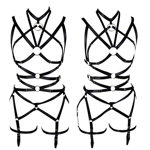 Women's Punk Cut Out Harness Body Full Strappy Lingerie Waist Garter Belts Set Elasticity Bralette Goth EDC Halloween Club Party Dance Rave Wear (Black) - Thumbnail 7