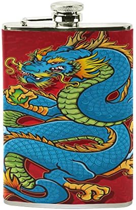 Chinese Dragon Portable Leather Stainless Steel Hip Flask Alcohol Whiskey Liquor Wine Pot Flagon Pocket Bottle - 8 oz