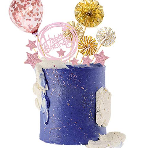 12 Pack Rose Gold Happy Birthday Cake Topper Set, 1 Acrylic Cake Topper, 1 Confetti Balloon, 4 Glitter Paper Fans, 6 Glitter Stars, Calligraphy Bling Cake Decoration Sign Party Banner